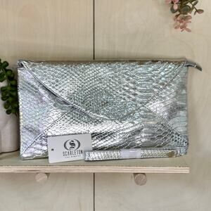 SCARLETON Los Angels Silver Snake Embossed Clutch NEW Removable Crossbody Strap